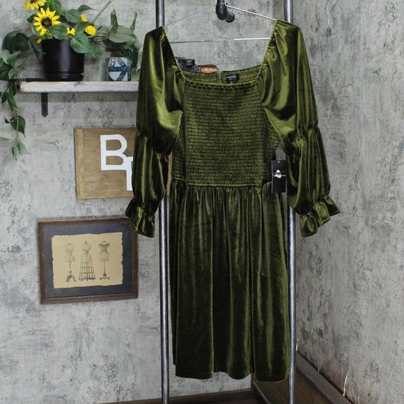 NWT Tahari Asl Velvet Square-Neck Ruched-Sleeve Dress 12 Olive Green - Picture 1 of 3